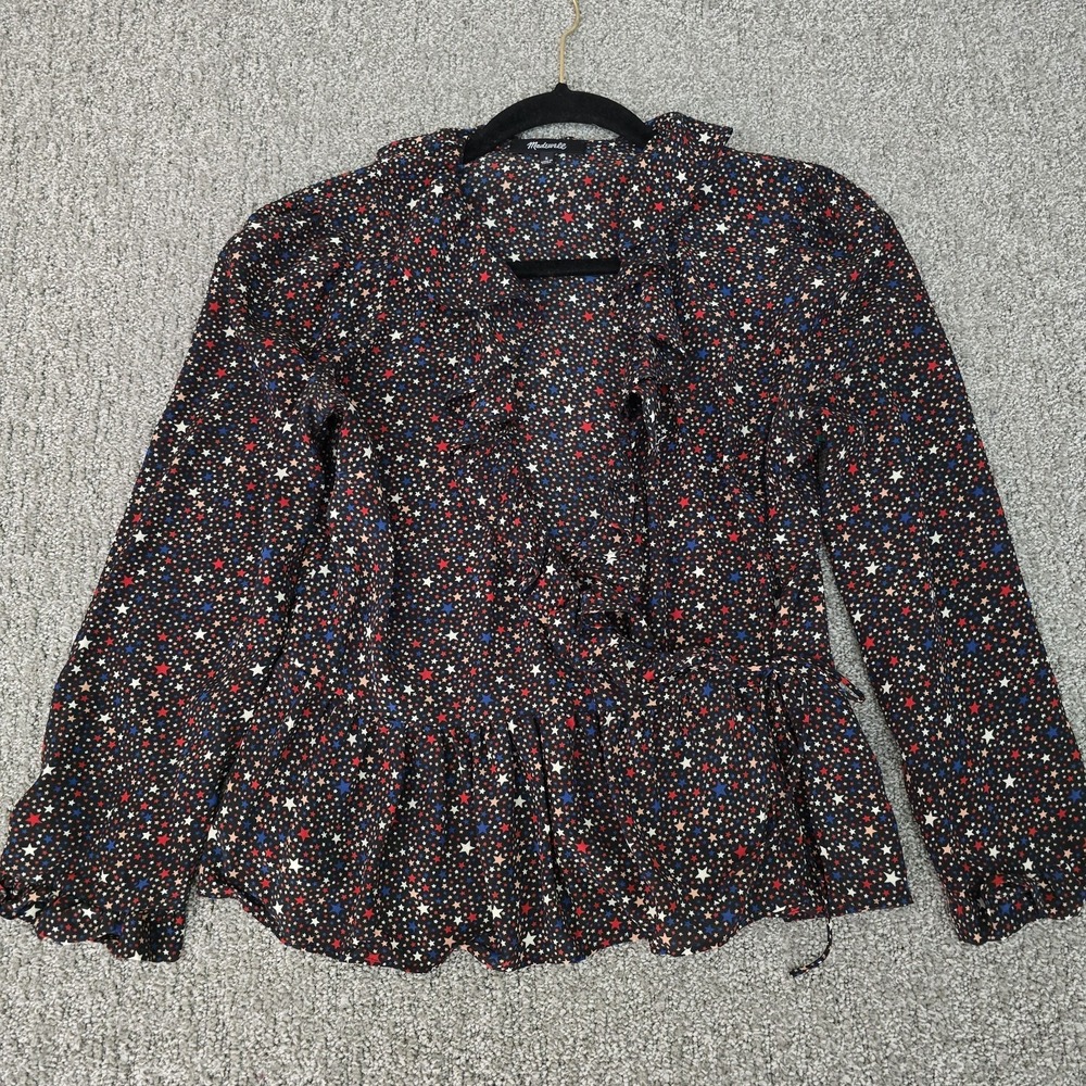 Madewell Celestial Silk Wrap Peplum Blouse Star Print V Neck Long Sleeve S Indie